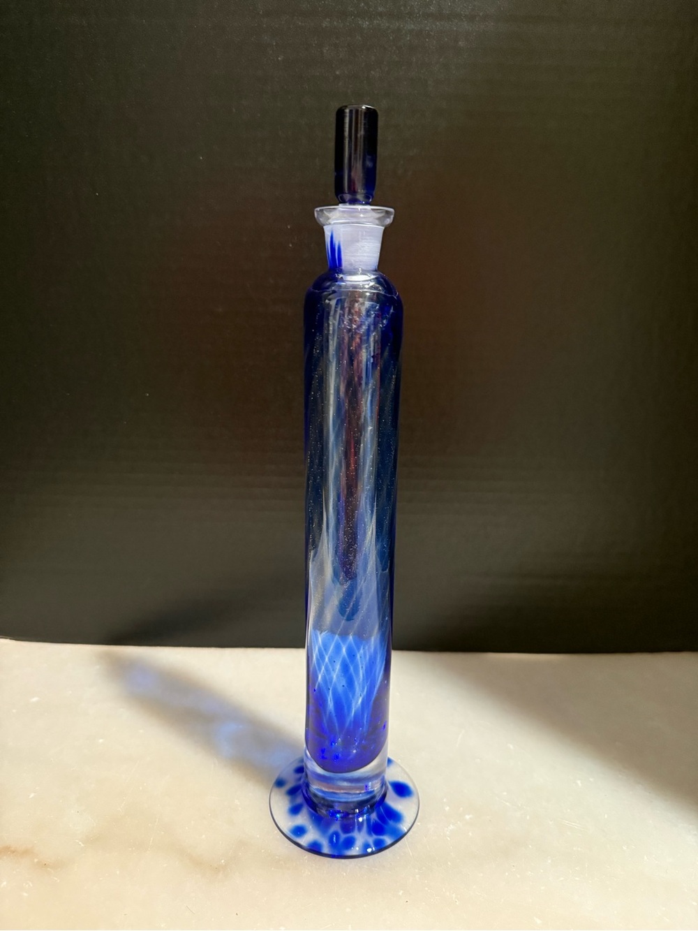 Hand Blown Beautiful Cobalt 13” Blue Perfume Bottle with Lid